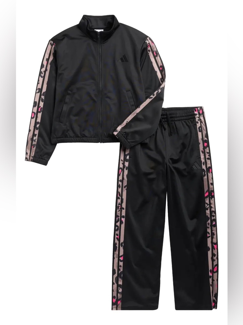 adidas Black Track Jacket and Pants with Pink Leopard Stripe